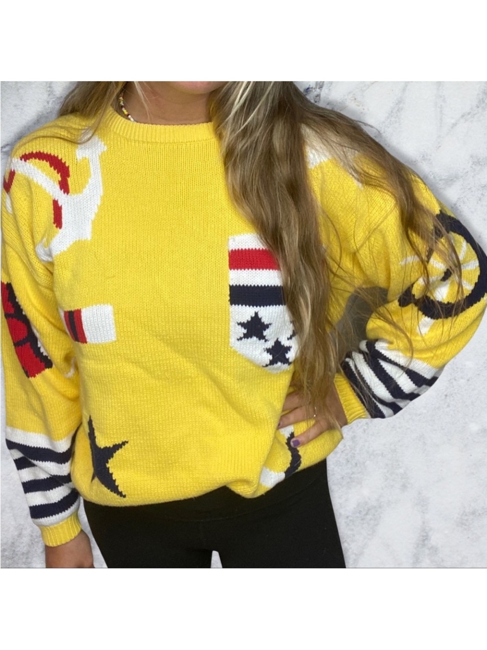 Anne Klein Bright Yellow Graphic Crewneck Sweater